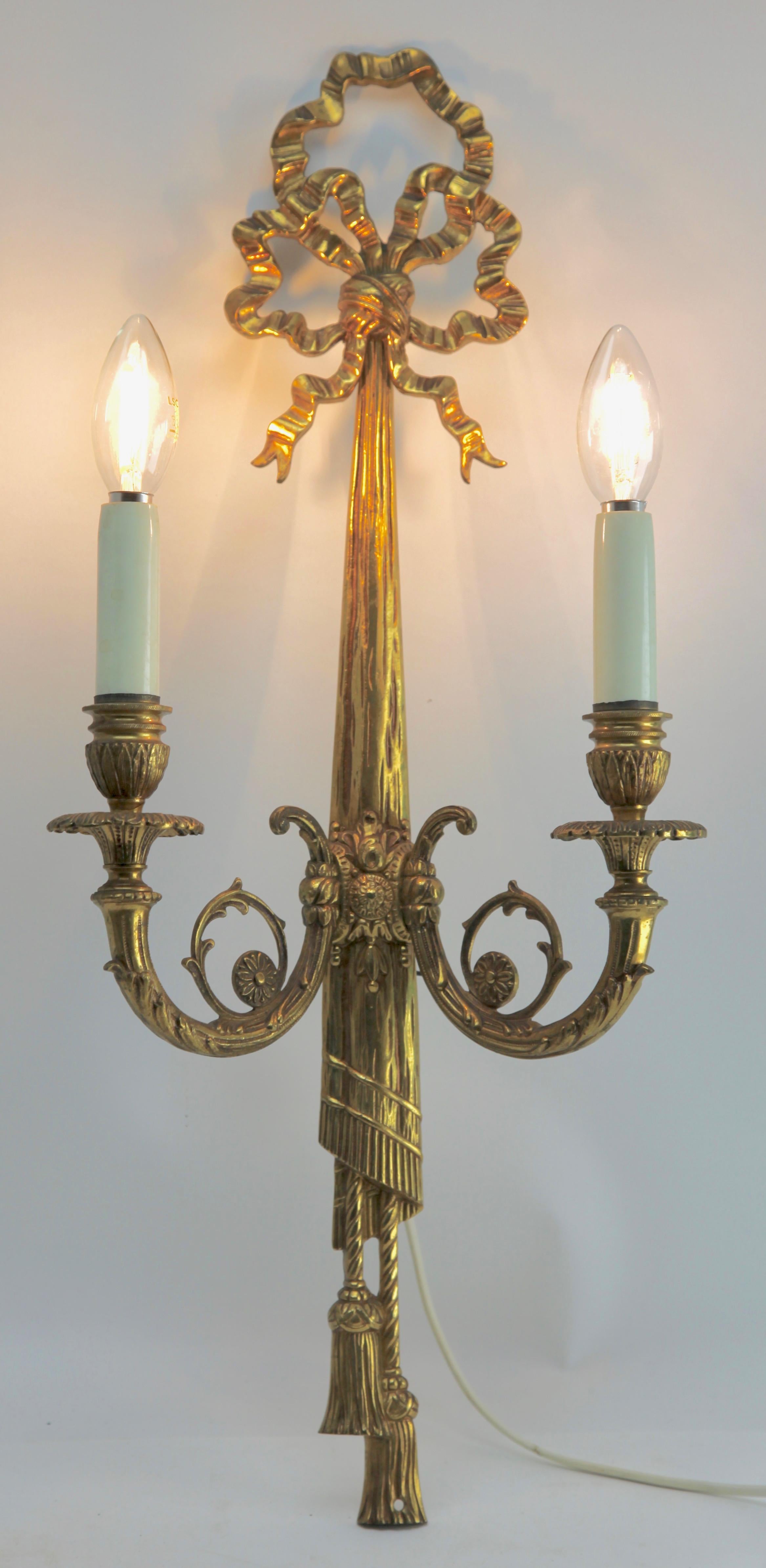 Early 20th Century Pair of Brass Two-Light Sconces in Louis XVI Style