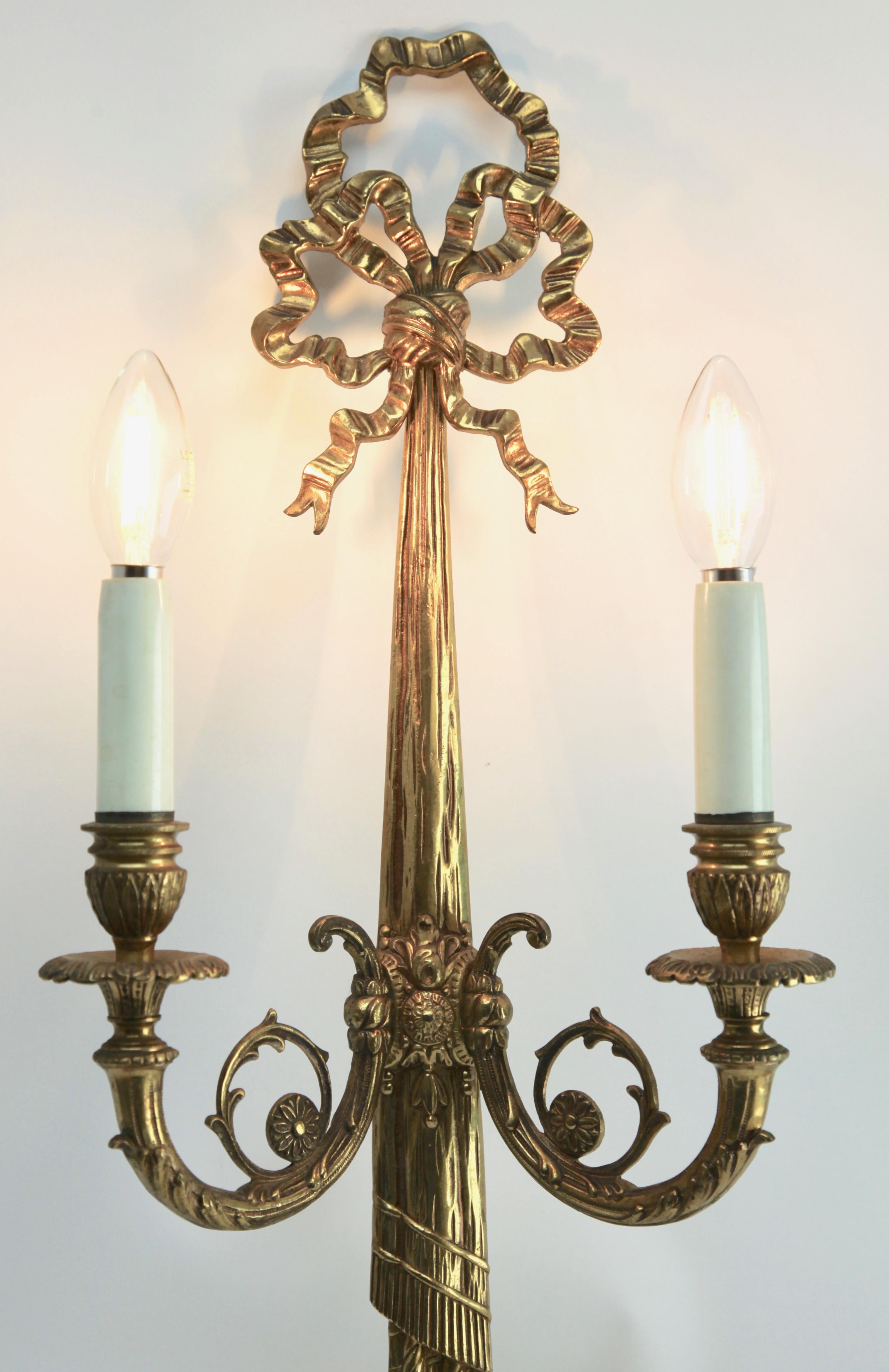 Pair of Brass Two-Light Sconces in Louis XVI Style 1