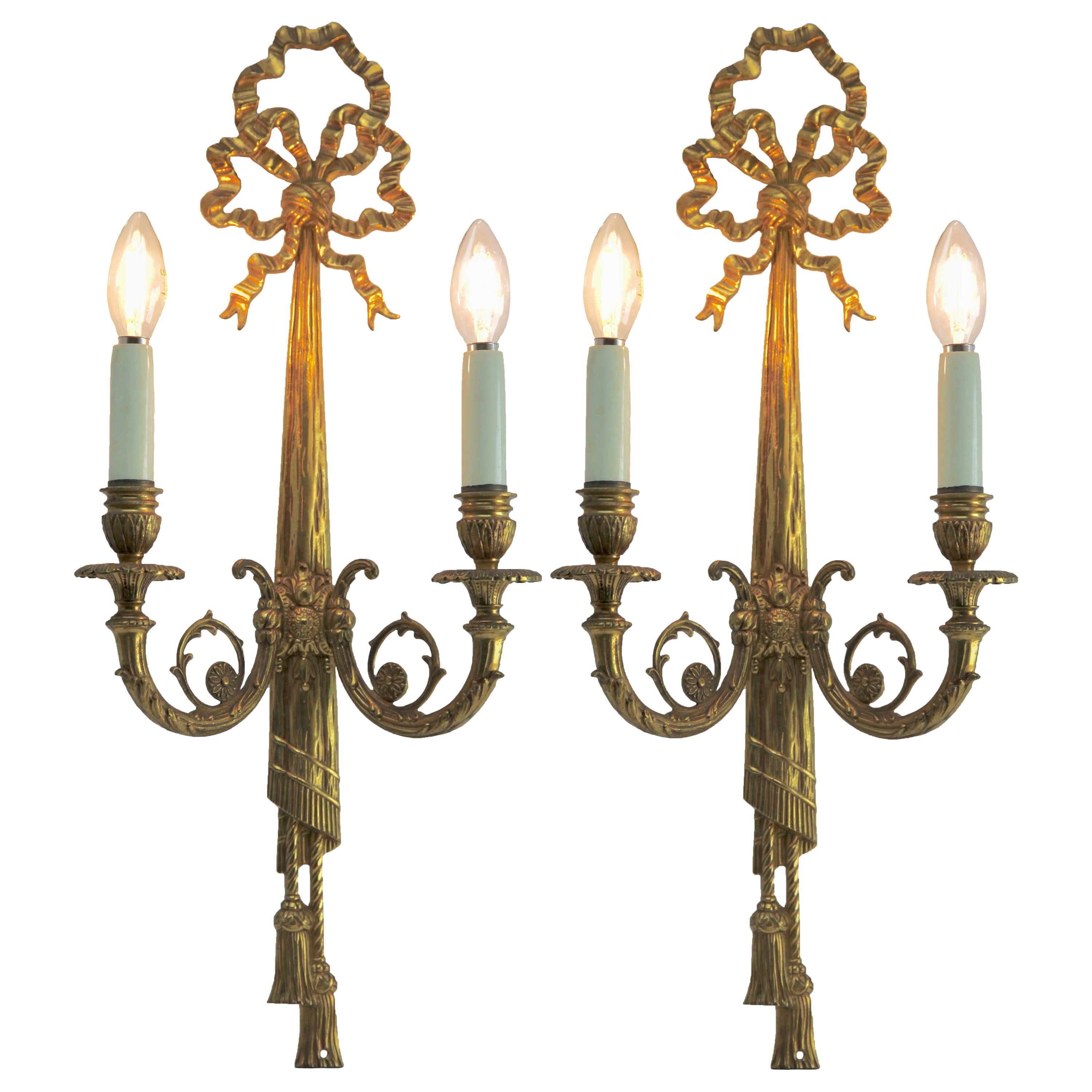 Pair of Brass Two-Light Sconces in Louis XVI Style