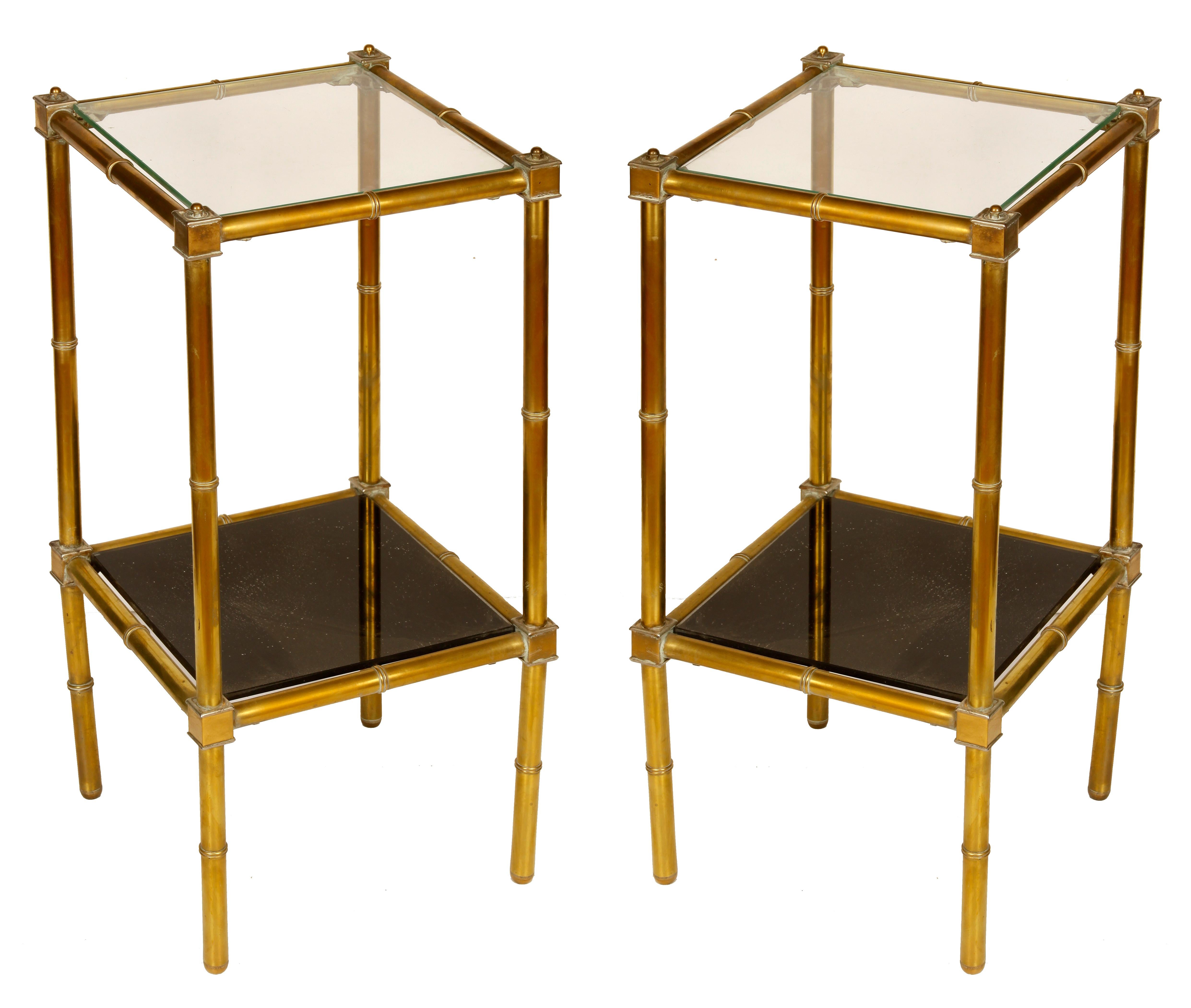 Pair of Brass Two-Tier Glass Tables with Smoked Glass Lower Shelf In Good Condition In Locust Valley, NY