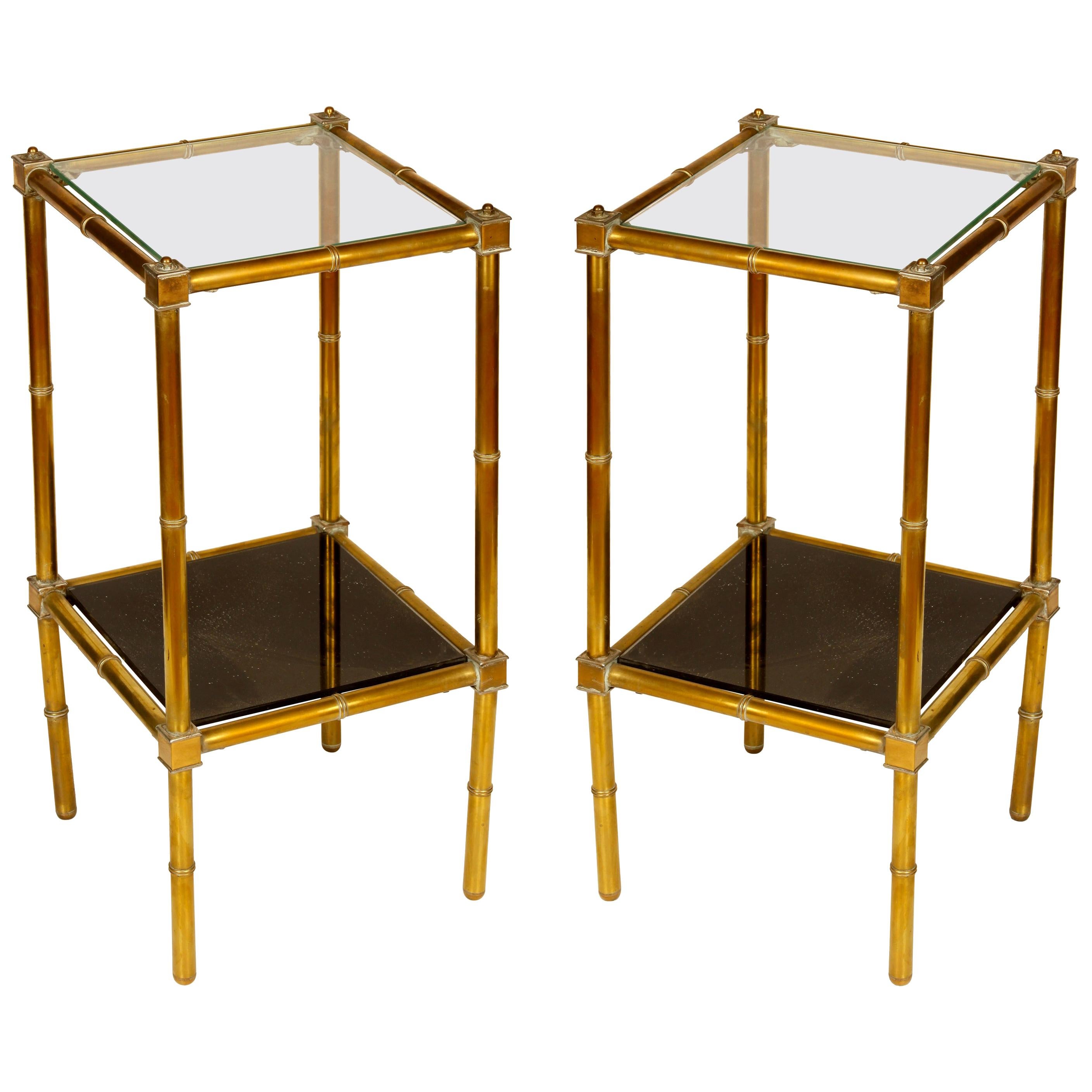 Pair of Brass Two-Tier Glass Tables with Smoked Glass Lower Shelf