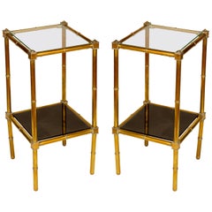 Pair of Brass Two-Tier Glass Tables with Smoked Glass Lower Shelf