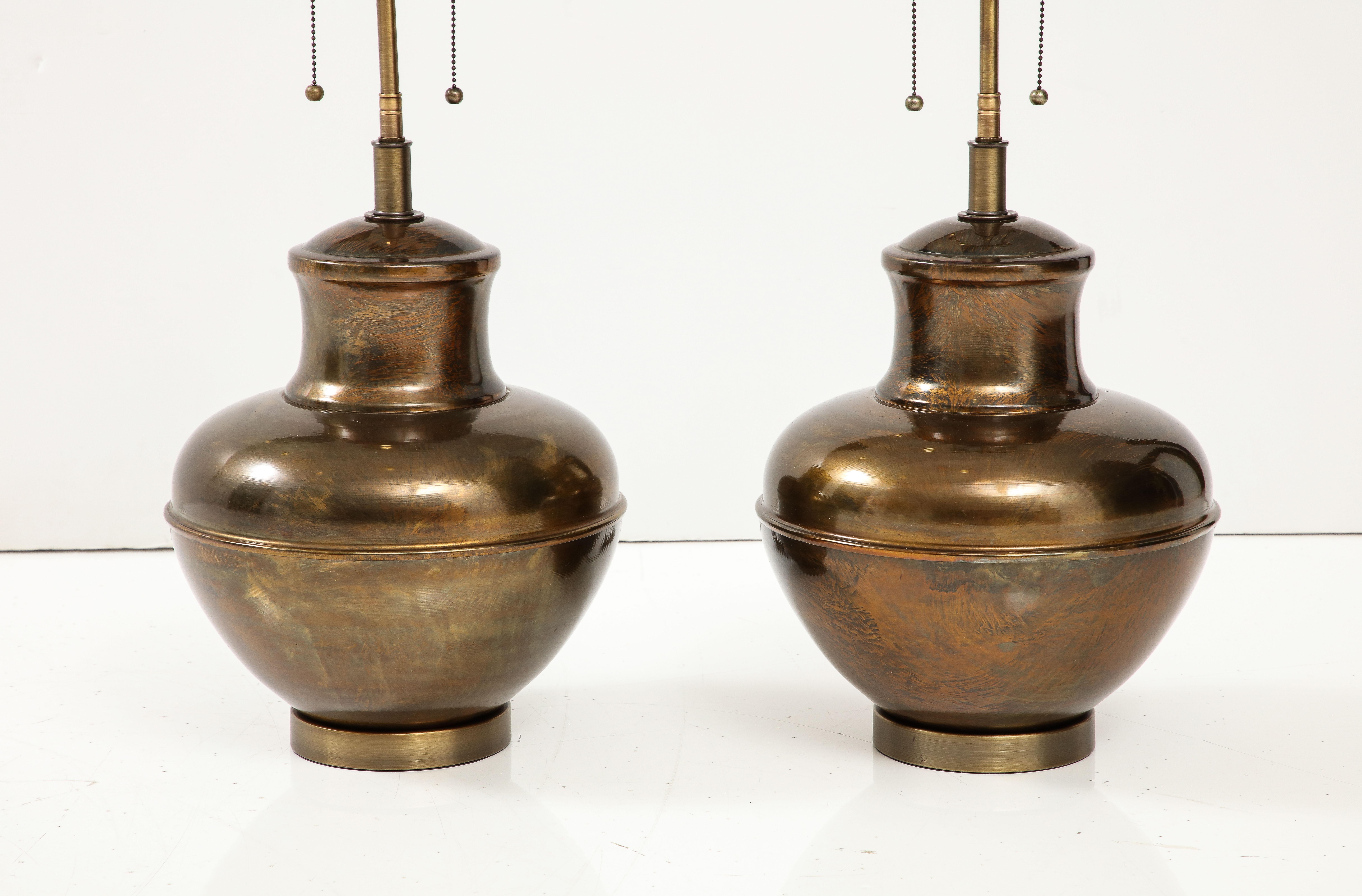American Pair of Brass Urn Shaped Lamps. For Sale