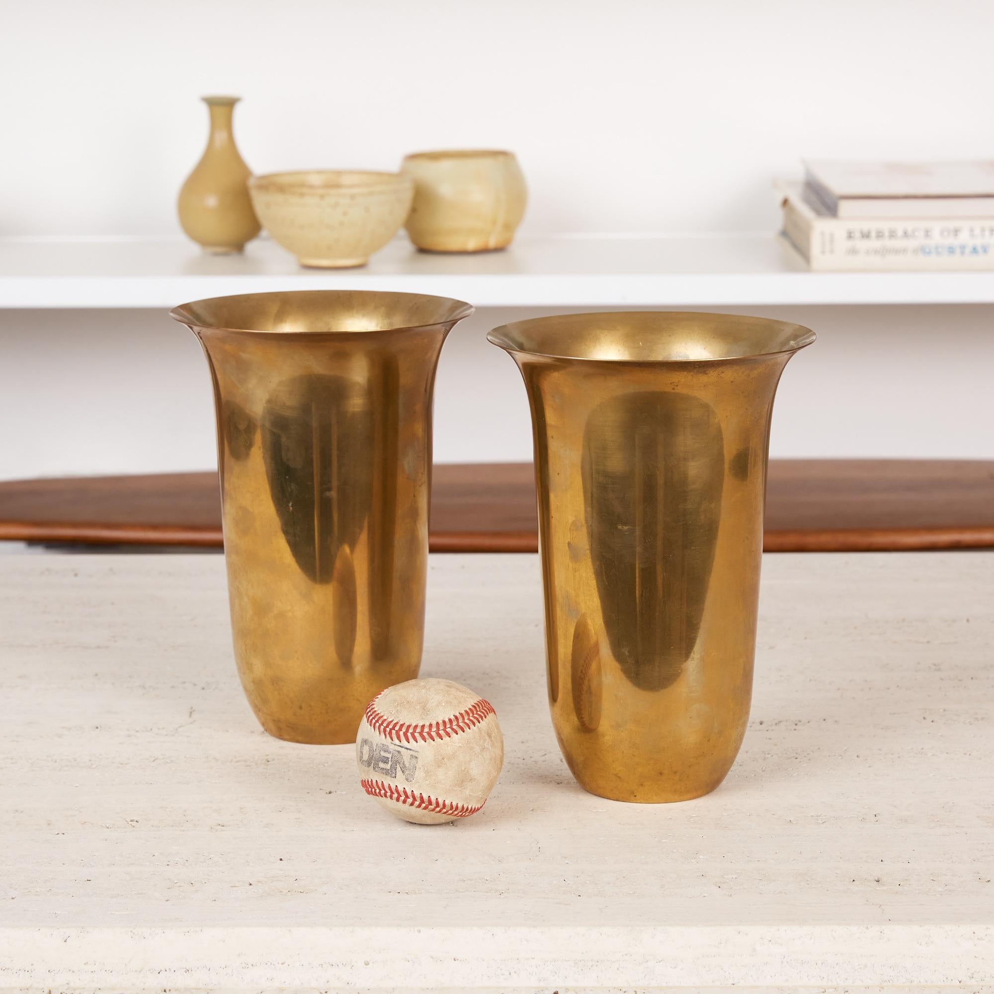 Art Deco Pair of Brass Vases by Walter Von Nessen for Chase