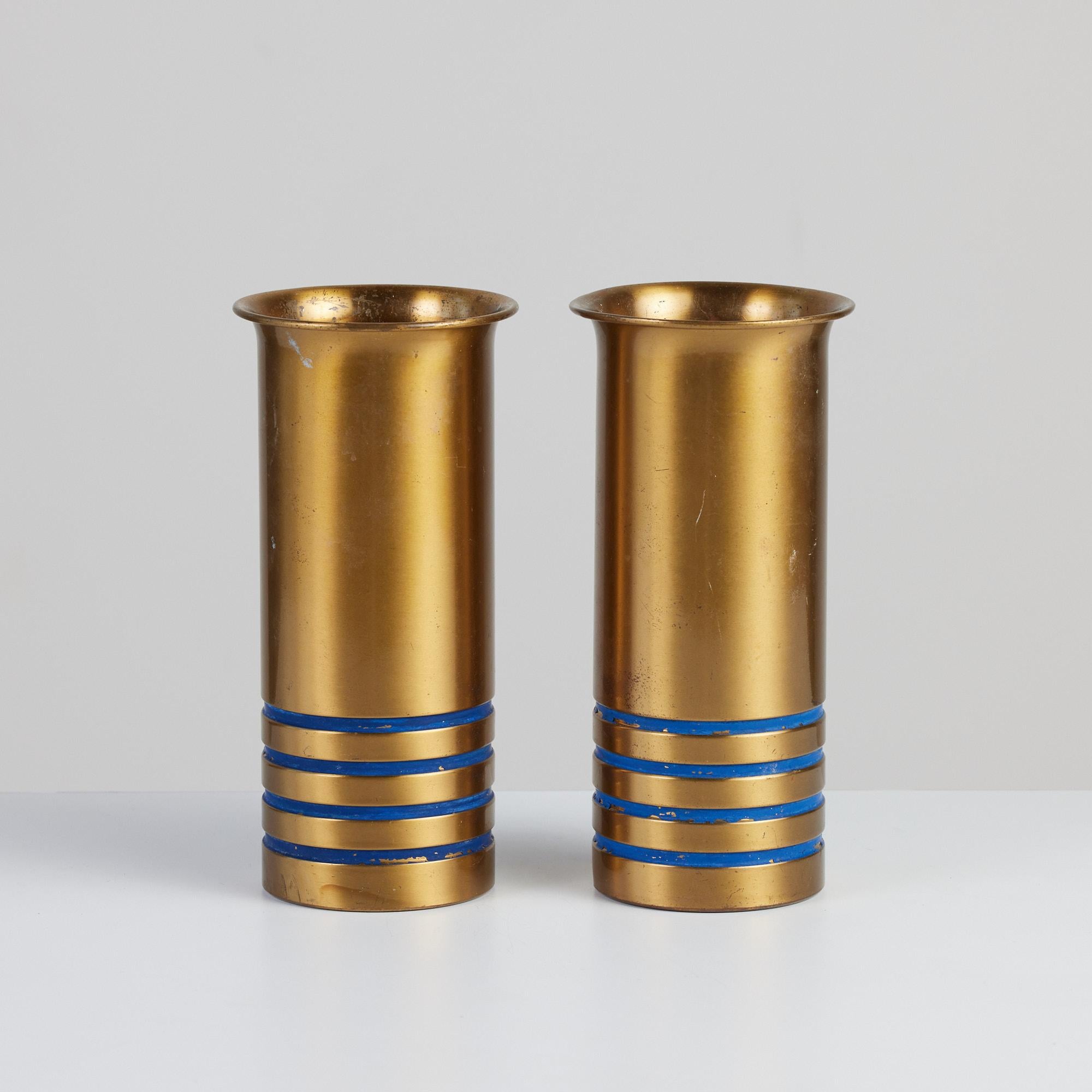 Mid-Century Modern Pair of Brass Vases by Walter Von Nessen for Chase For Sale