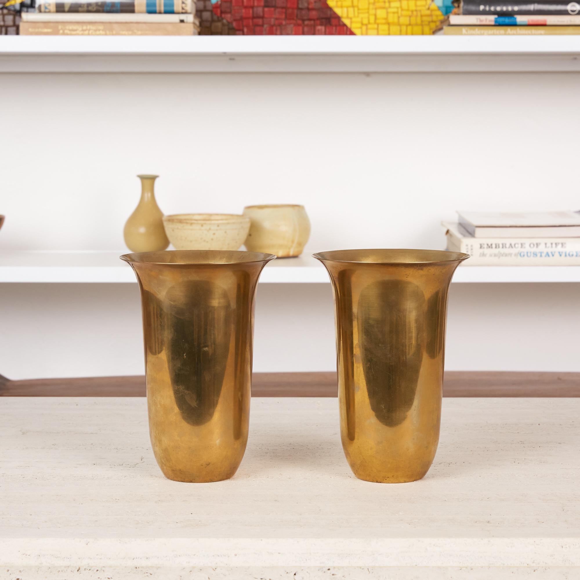 Mid-20th Century Pair of Brass Vases by Walter Von Nessen for Chase