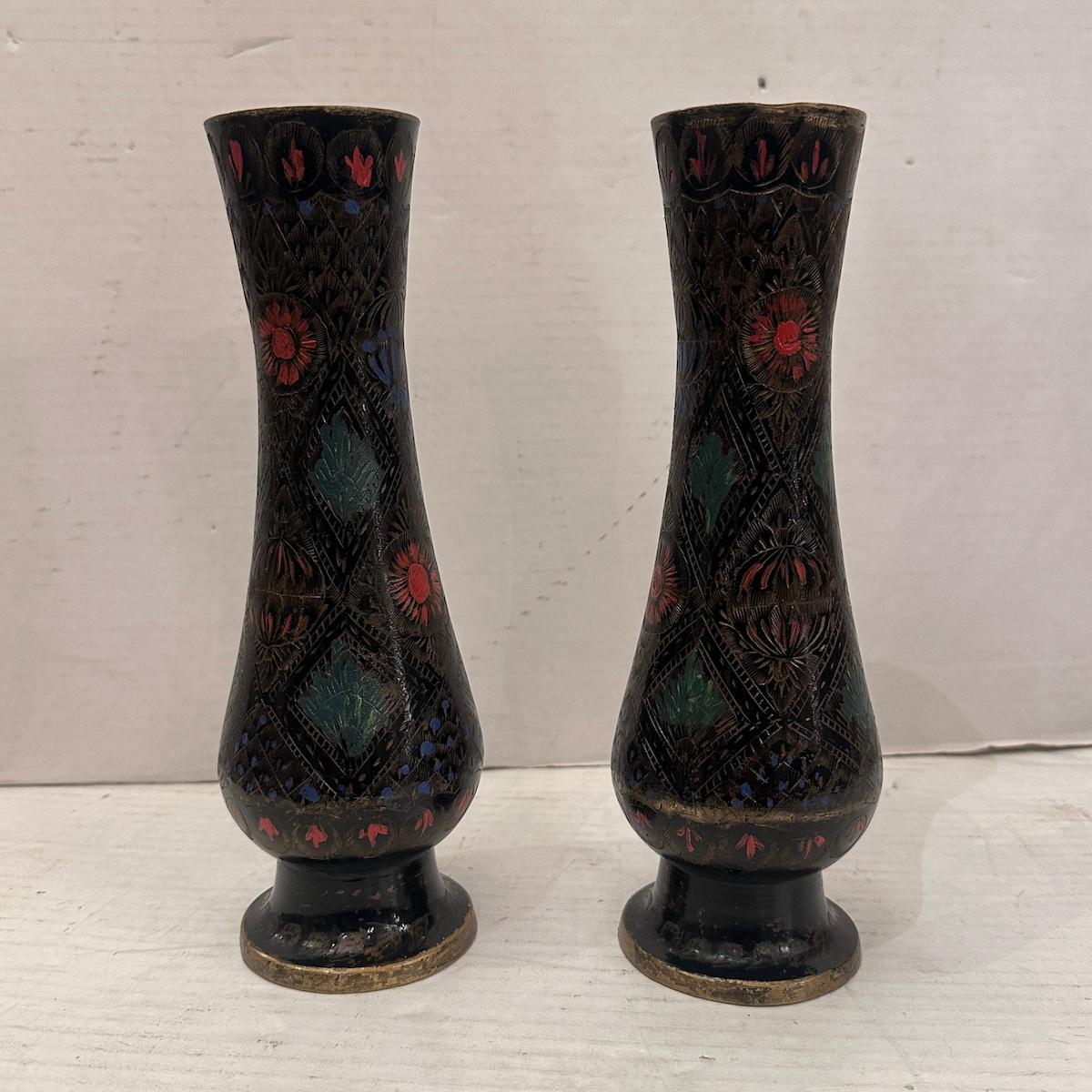 Etched Pair of Brass Vases For Sale