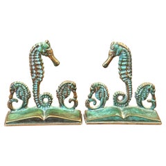 Pair of Brass Verdigris Patina "Sea Horse" Bookends by Virginia Metalcrafters