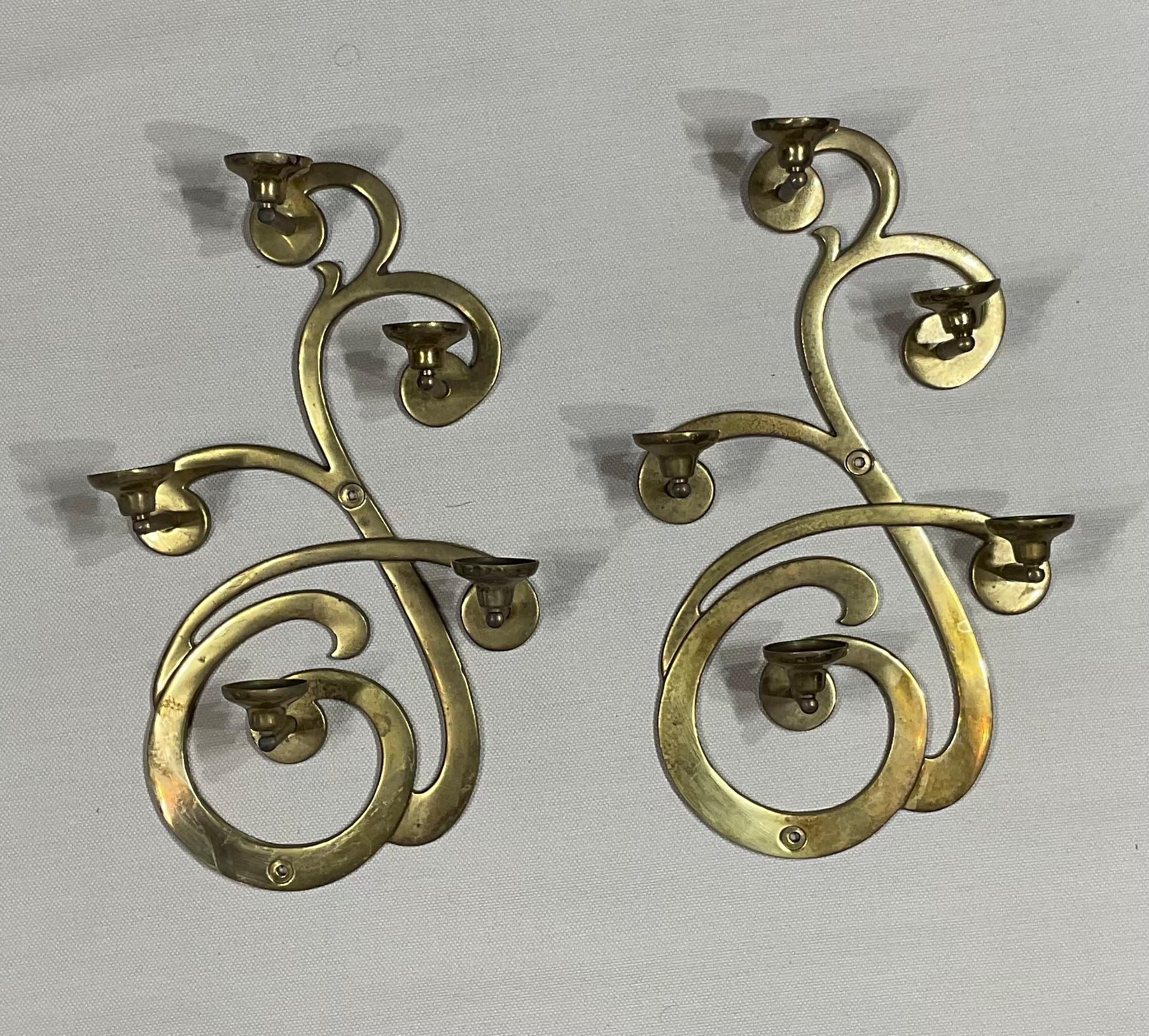 Hand-Crafted Pair of Brass Wall Hanging Candle Holder For Sale