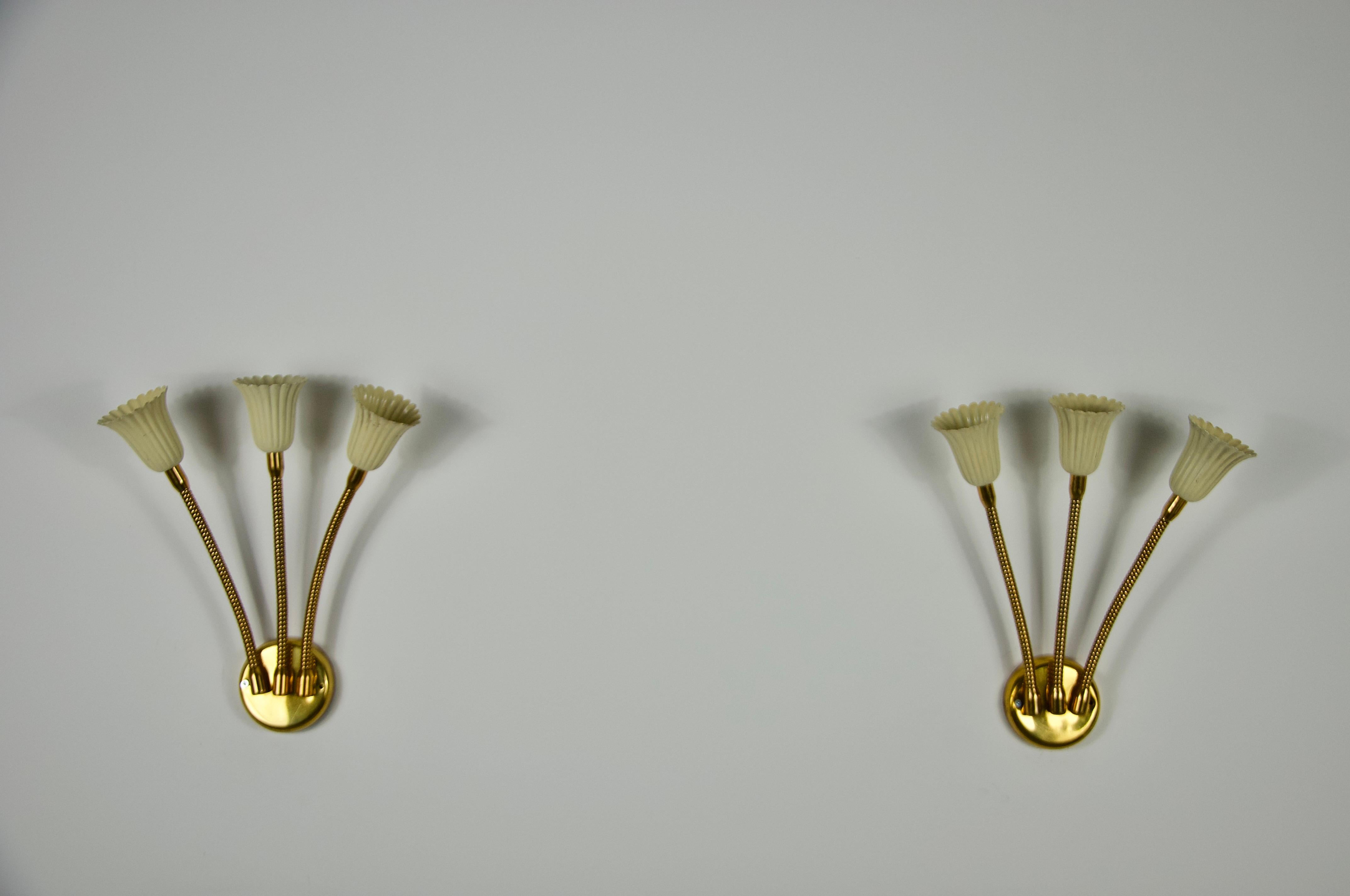 Diese exquisiten Wandleuchten, die der renommierte italienische Designer Oscar Torlasco in den 1960er Jahren entwarf, verkörpern die Eleganz und Handwerkskunst der italienischen Beleuchtung der Jahrhundertmitte. Mit ihrer massiven Messingstruktur