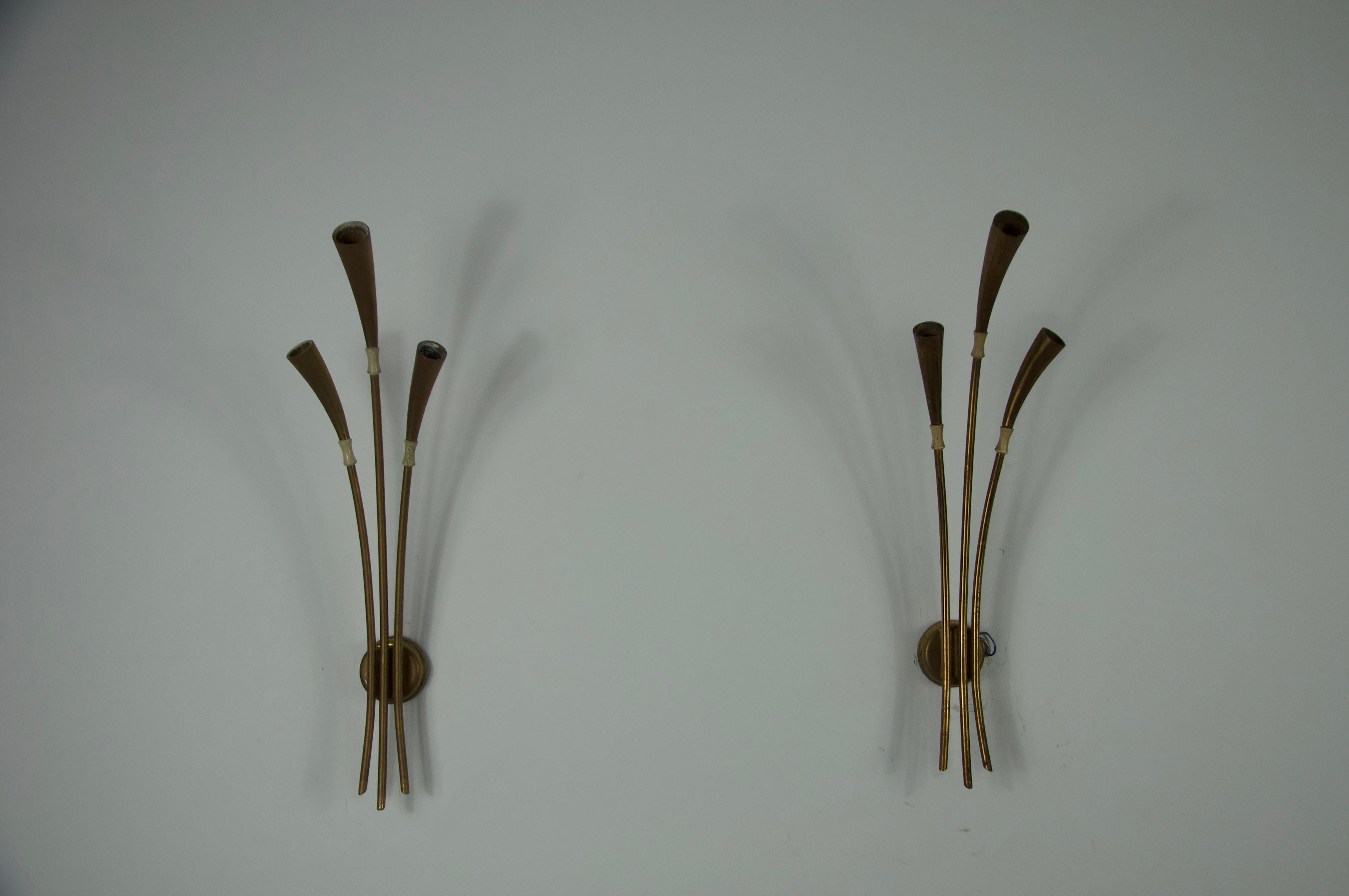 Cette élégante paire d'appliques en laiton a été conçue par le célèbre designer italien Oscar Torlasco dans les années 1960. De forme organique et sculpturale, chaque lampe est composée de trois tiges en laiton gracieusement incurvées, se déployant