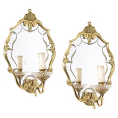 Antique Pair of Brass Wall Lights in Venetian Neoclassical Style with Mirror, 1900s
