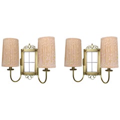 Vintage Pair of Brass Wall Lights with Fabric Shades, Germany, 1930s