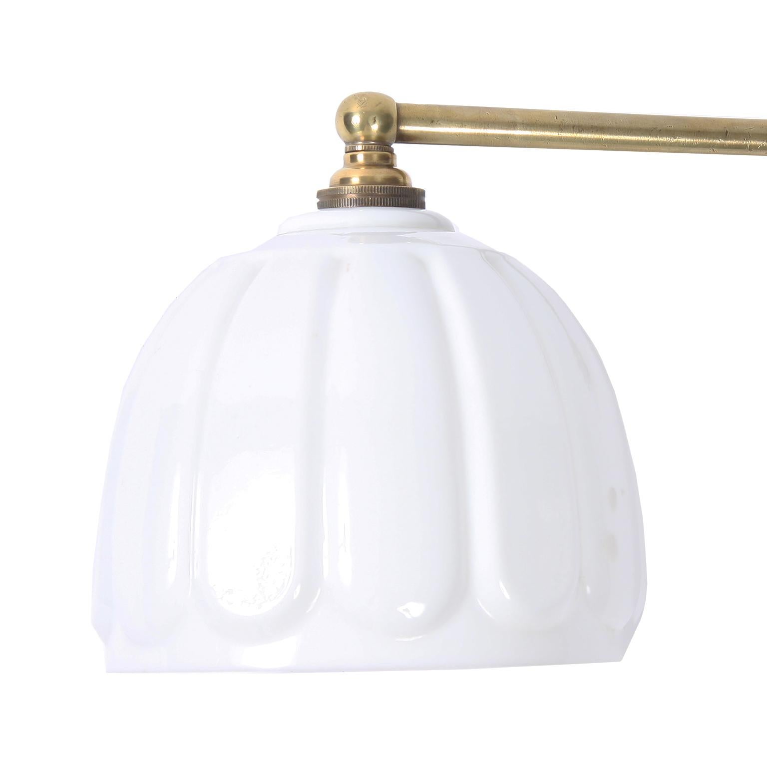 Art Deco Pair of Brass Wall Lights with Opaline Shades