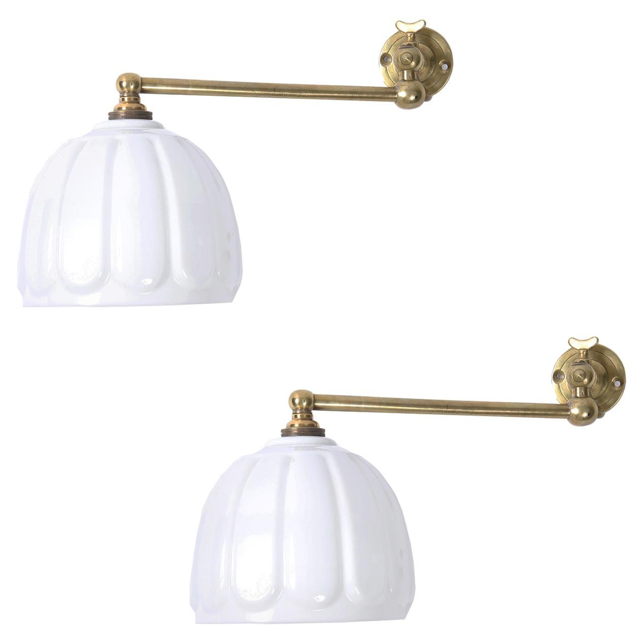 Pair of Brass Wall Lights with Opaline Shades