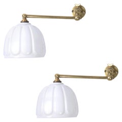 Pair of Brass Wall Lights with Opaline Shades