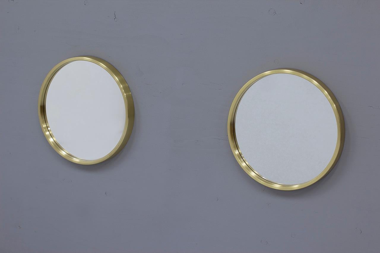 Scandinavian Modern Pair of Brass Wall Mirrors by Nils Troed for Glasmäster Markaryd, Sweden, 1960s