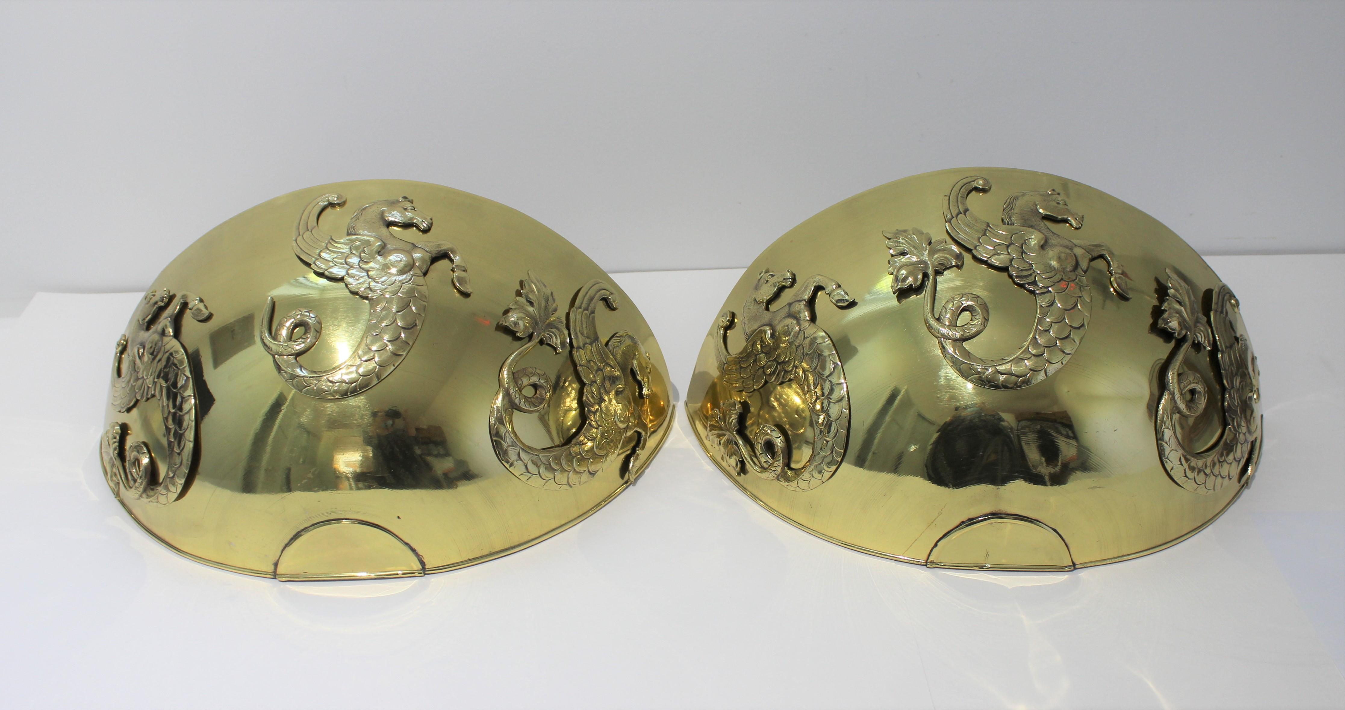 Cast Pair of Brass Wall Mount Cache Pot with Hippocampus Motif For Sale
