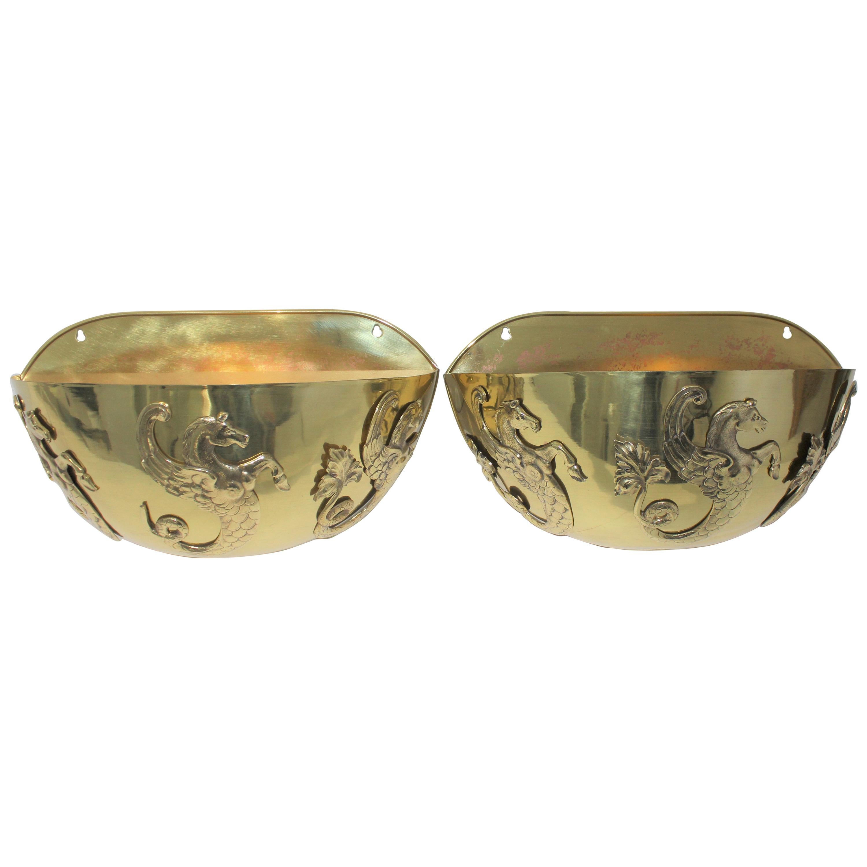 Pair of Brass Wall Mount Cache Pot with Hippocampus Motif For Sale