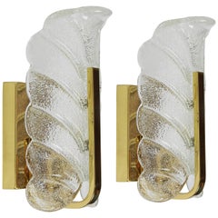 Pair of Brass Wall Sconces by Carl Fagerlund for Orrefors, Glass Leaves, 1960s