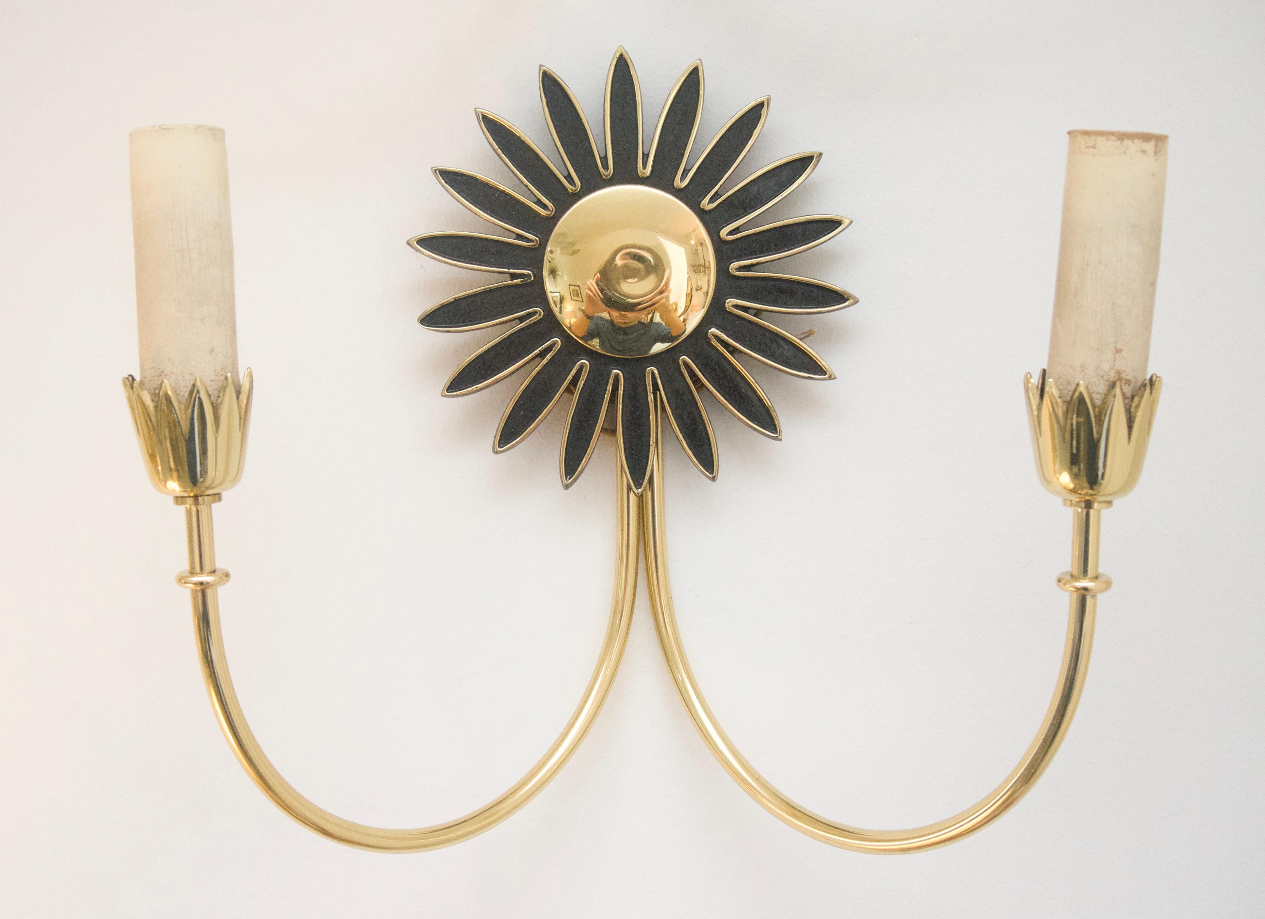 Mid-Century Modern Pair of Brass Wall Sconces