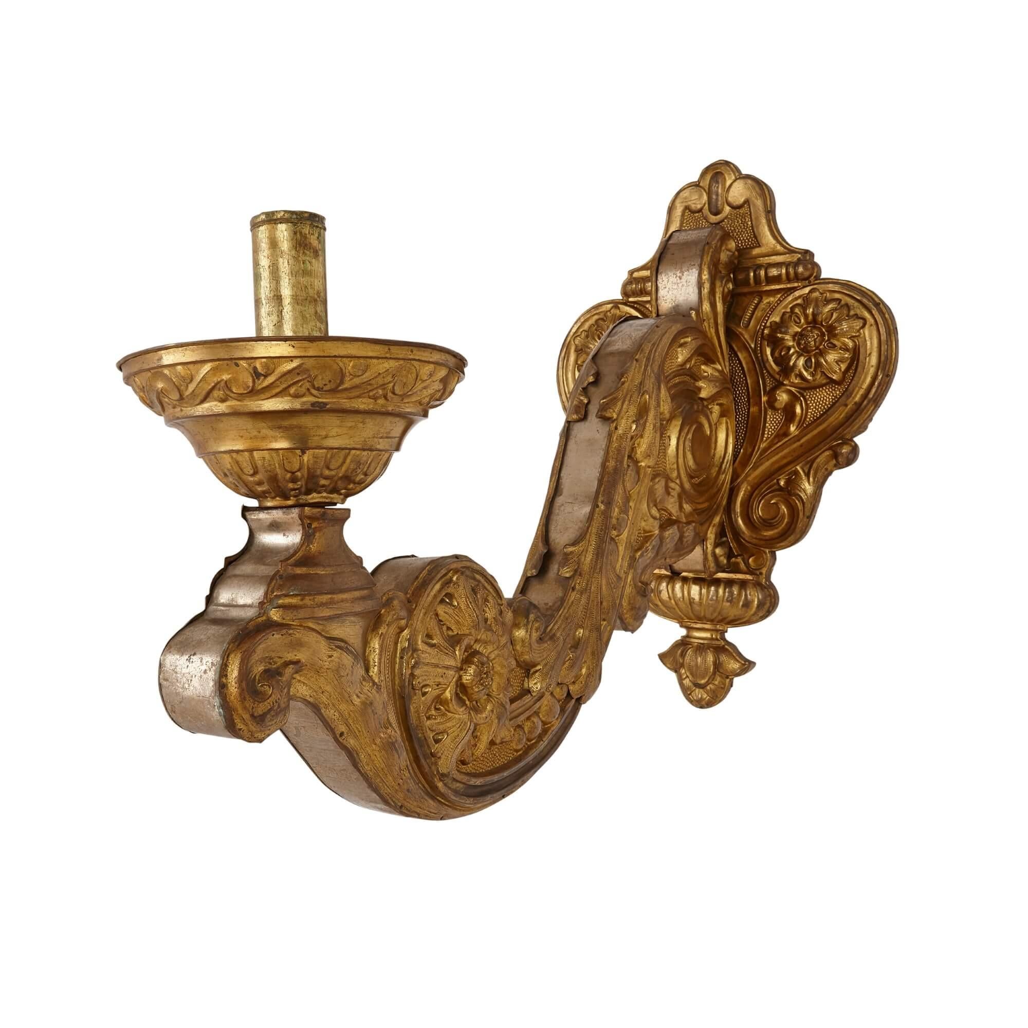 European Pair of Brass Wall Sconces in the Baroque Style For Sale