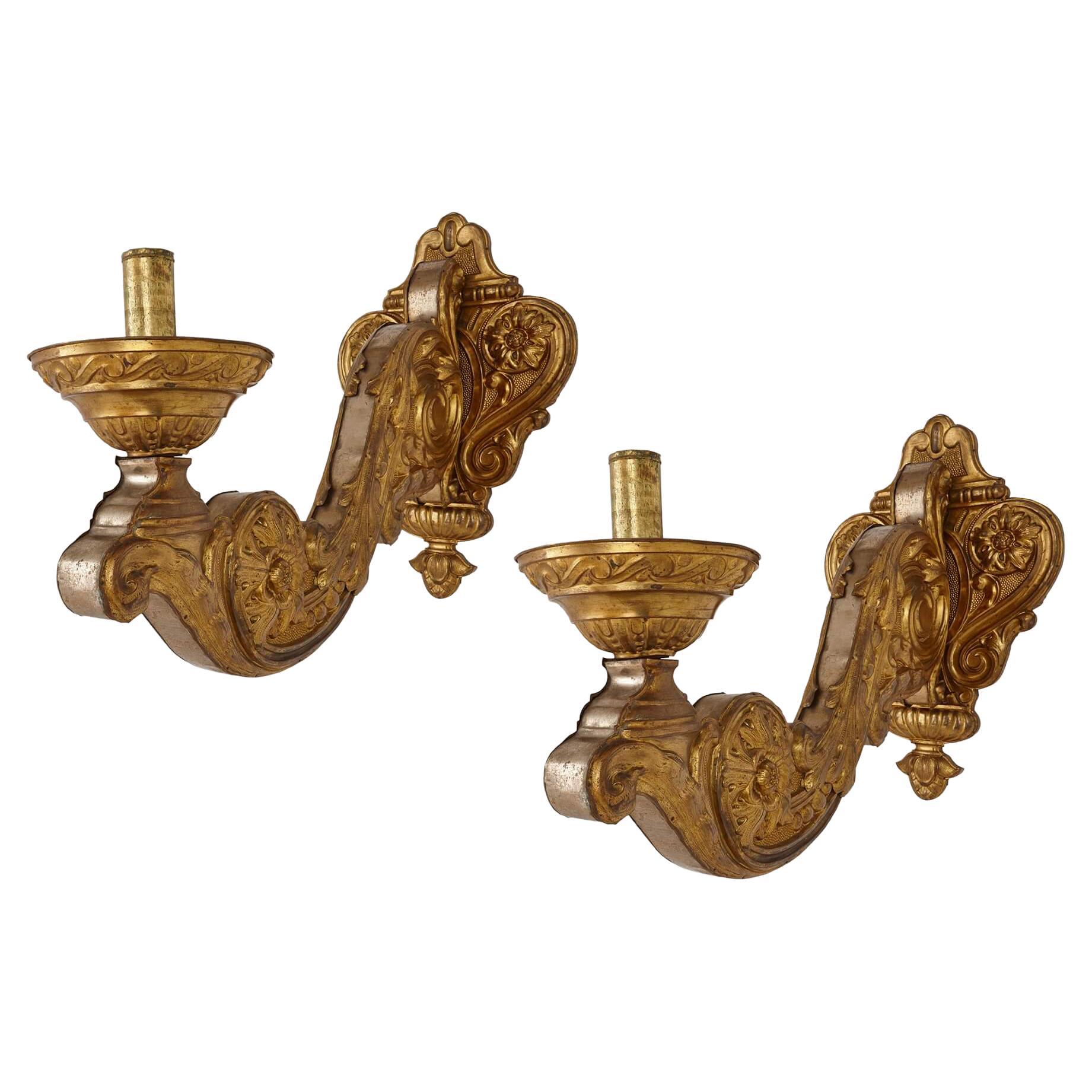 Pair of Brass Wall Sconces in the Baroque Style For Sale