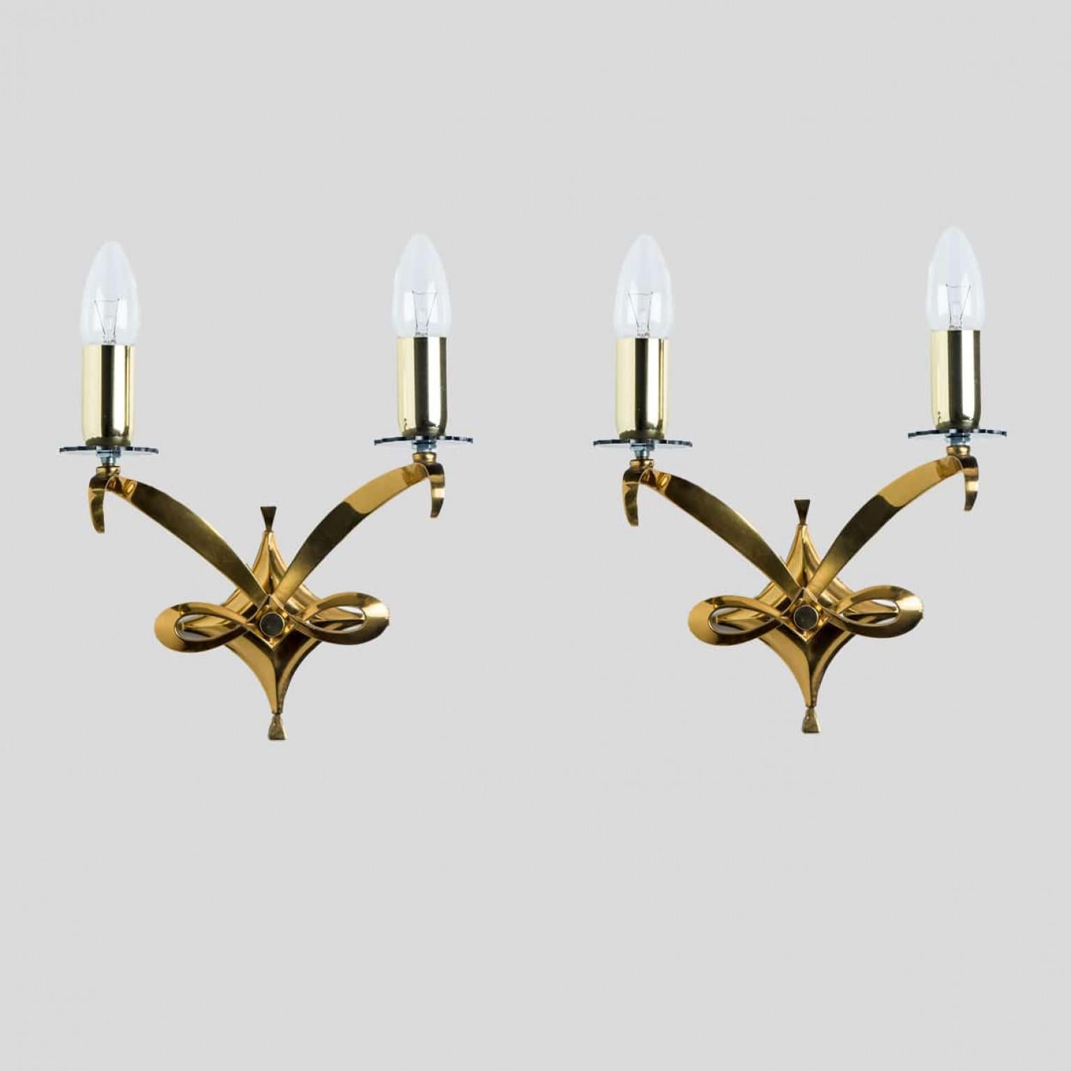 Art Deco Pair of Brass Wall Sconces, Leleu, 1960 For Sale