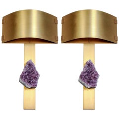 Pair of Brass Wall Sconces with Amethyst and Curved Shades