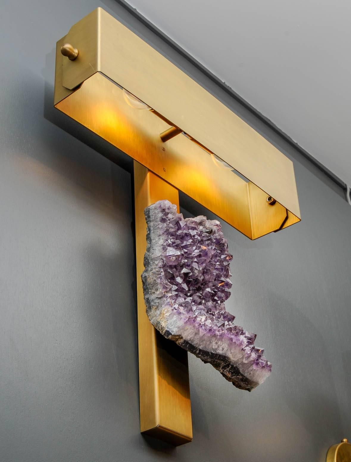 Modern Pair of Brass Wall Sconces with Amethyst and Rectangular Shades For Sale