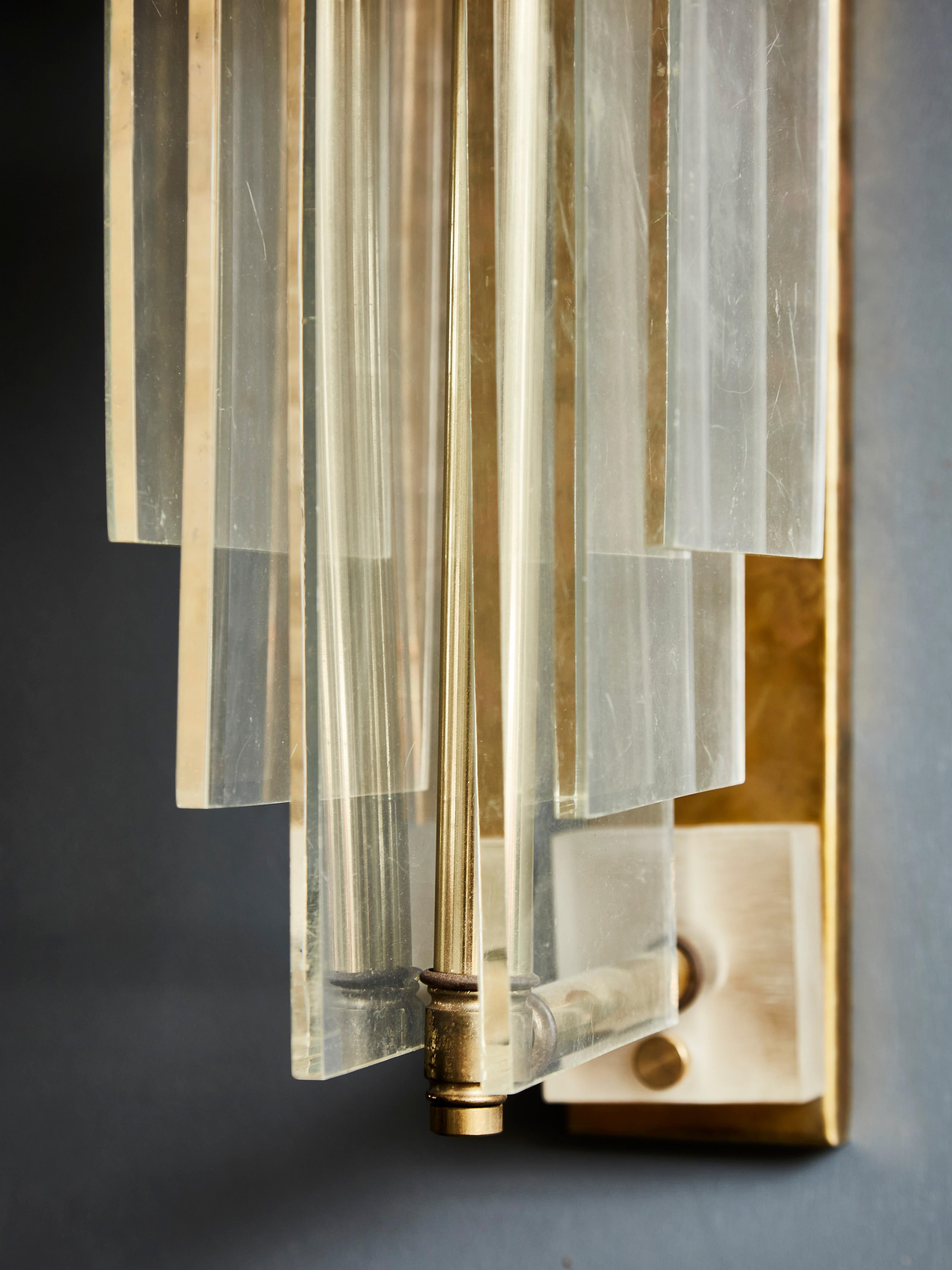 Italian Pair of Brass Wall Sconces with Rectangular Shades and Plexiglass For Sale