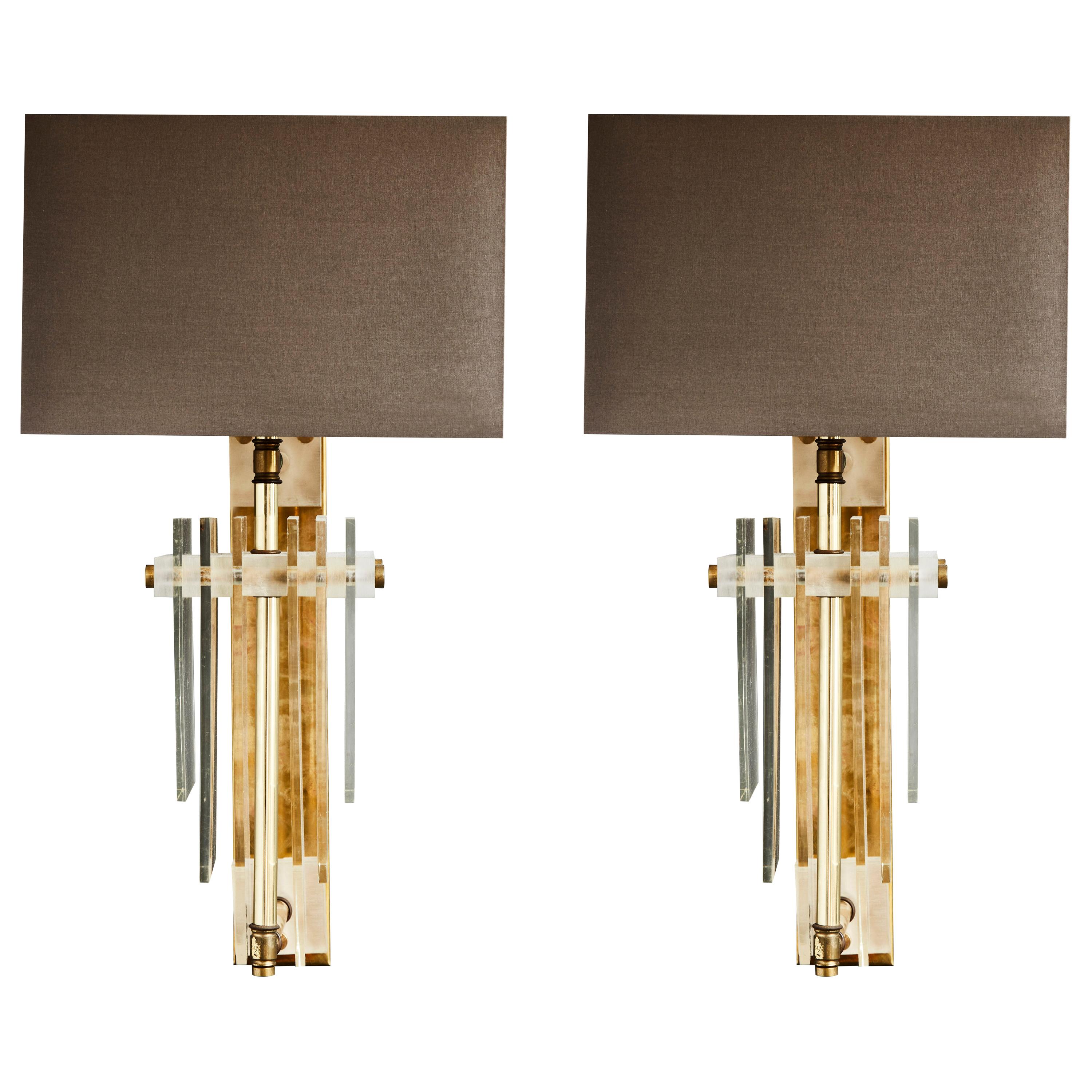 Pair of Brass Wall Sconces with Rectangular Shades and Plexiglass For Sale