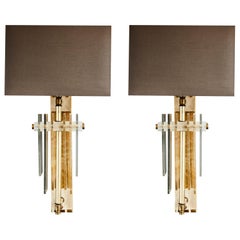 Pair of Brass Wall Sconces with Rectangular Shades and Plexiglass
