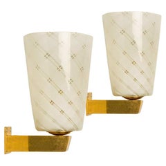 Pair of Brass Wall Sconces with Reticello Glass Shades, Italy 1955