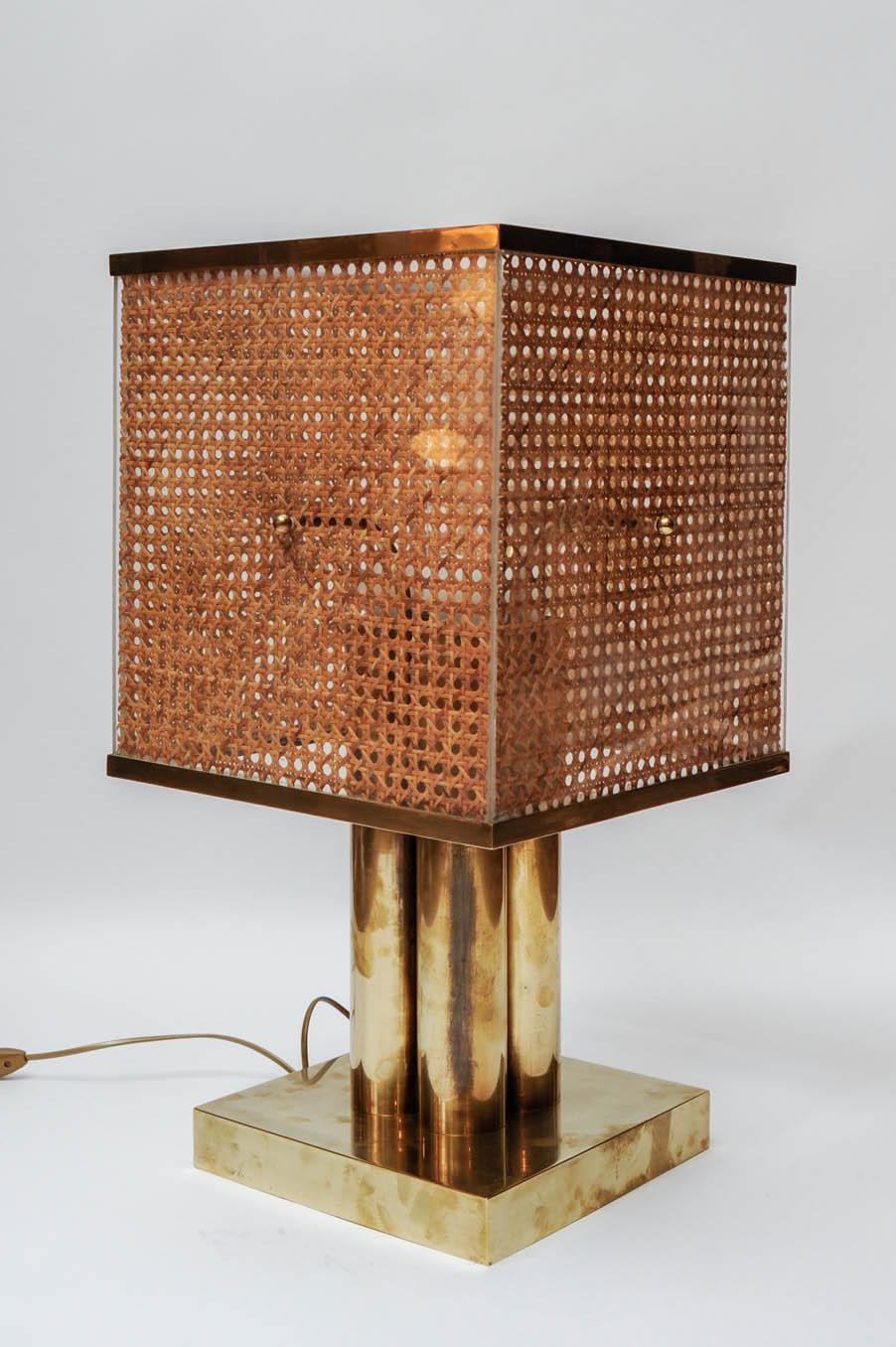 Italian Pair of Brass Wicker and Plexi Table Lamps