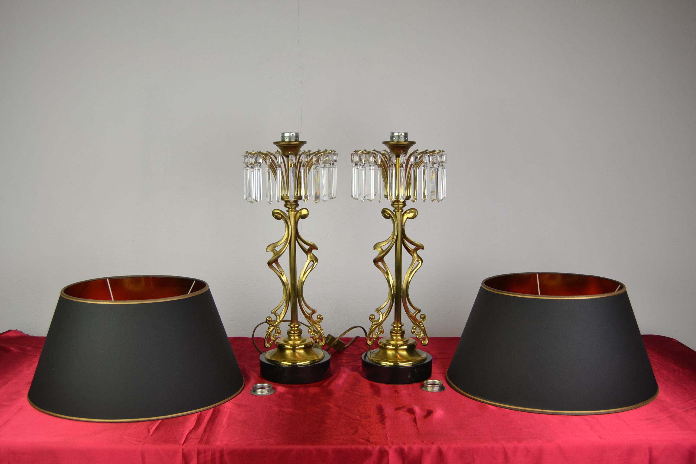 Pair of Brass with Crystal Table Lamps by Deknudt, Belgium, 1970s 7