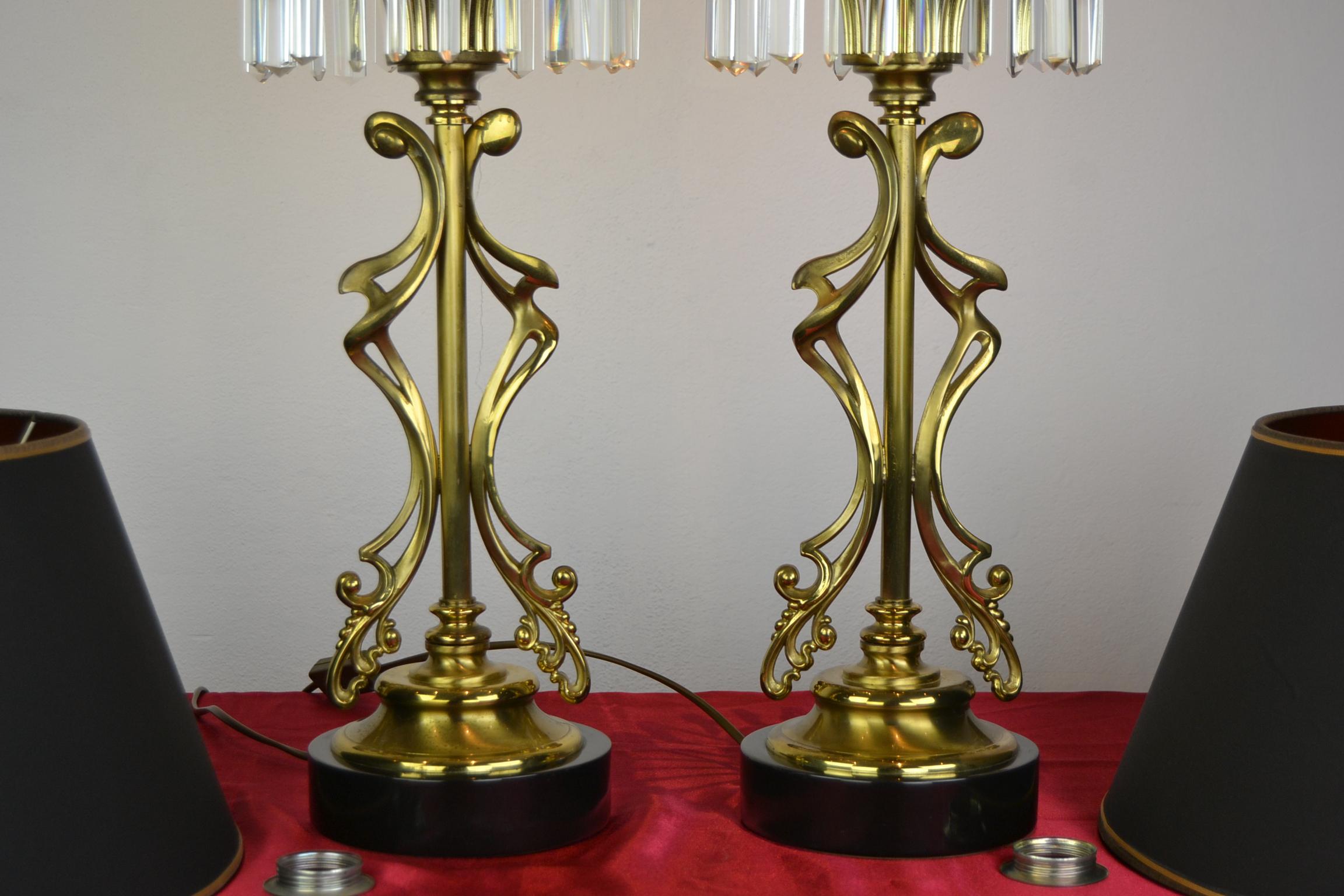 Hollywood Regency Pair of Brass with Crystal Table Lamps by Deknudt, Belgium, 1970s
