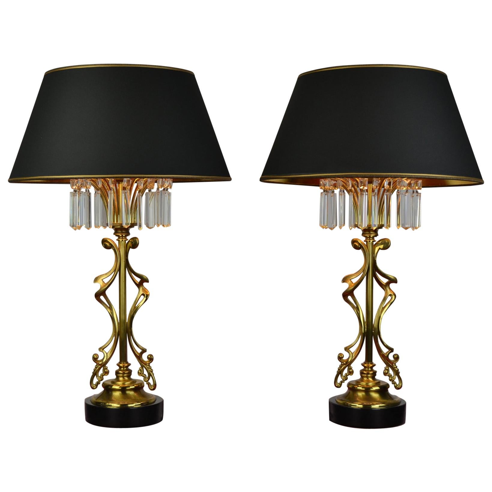 Pair of Brass with Crystal Table Lamps by Deknudt, Belgium, 1970s