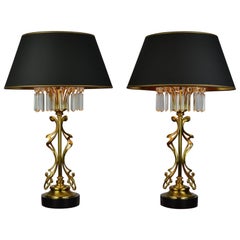 Pair of Brass with Crystal Table Lamps by Deknudt, Belgium, 1970s