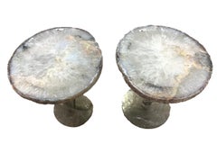 Pair of Brazilian Agate side Tables, circular natural shape with gold color base Pair of Brazilian Agate side Tables, circular natural shape with gold color base