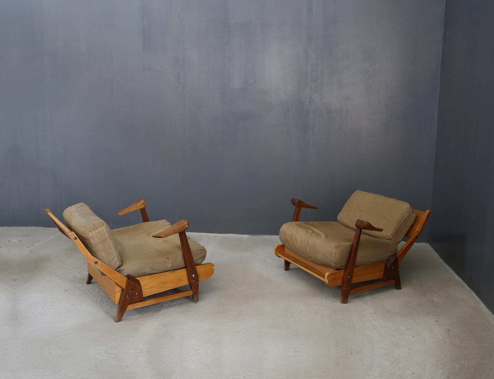 French Pair of Midcentury Guillerme et Chambron France Armchairs, from 1950