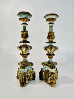 Pair of brazilian baroque candlesticks in wood polychrome circa 1800