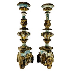 Antique Pair of brazilian baroque candlesticks in wood polychrome circa 1800