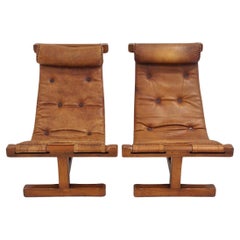 Pair of Brazilian Brown Leather and Wood Lounge Chairs