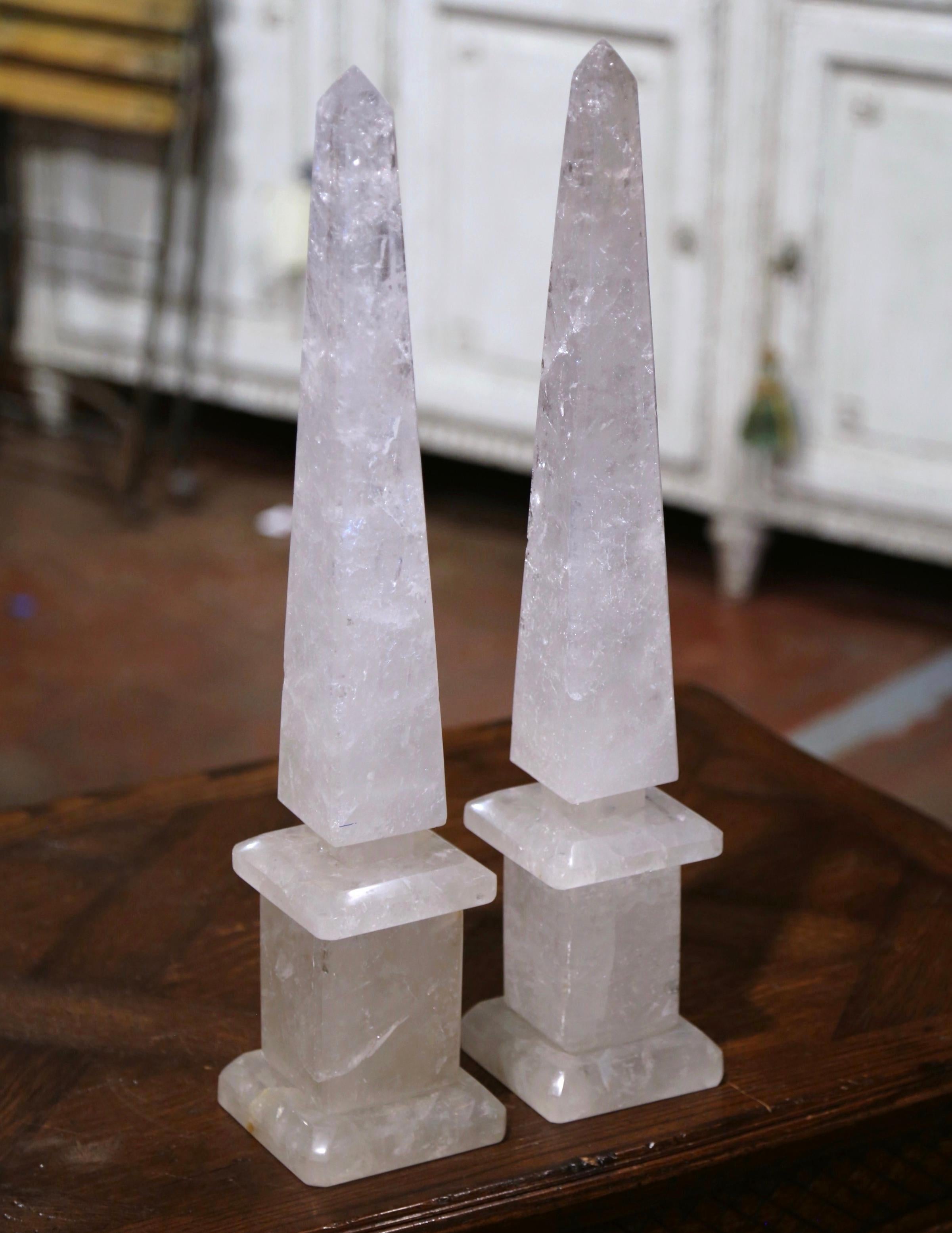 Pair of Brazilian Carved Empire Style Rock Crystal Obelisks Sculptures For Sale 4