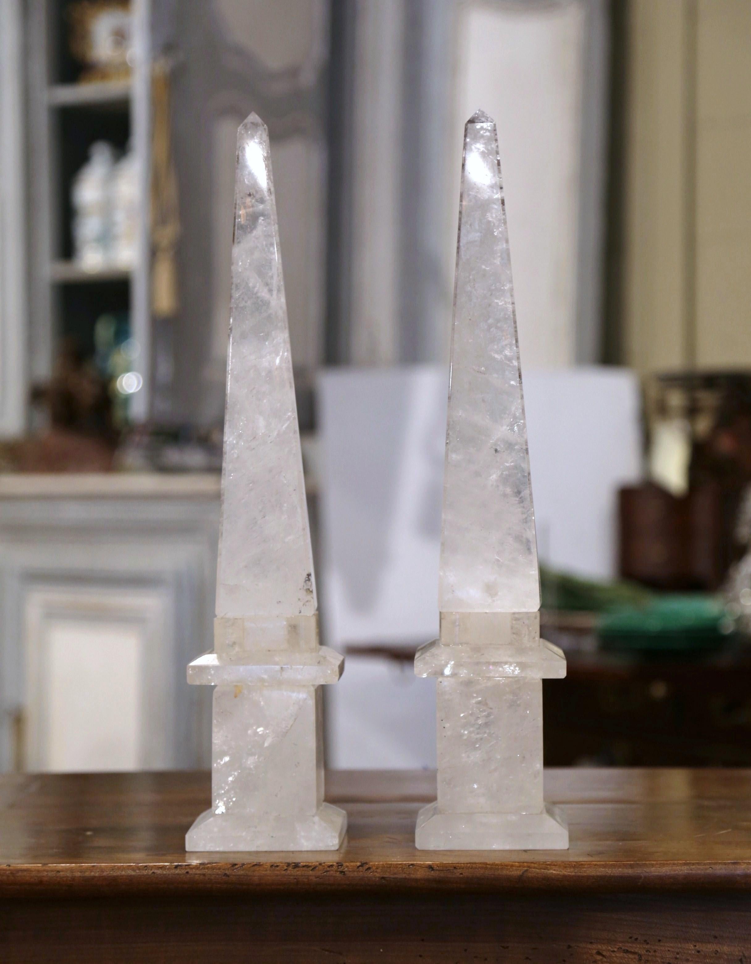 Hand-Carved Pair of Brazilian Carved Empire Style Rock Crystal Obelisks Sculptures