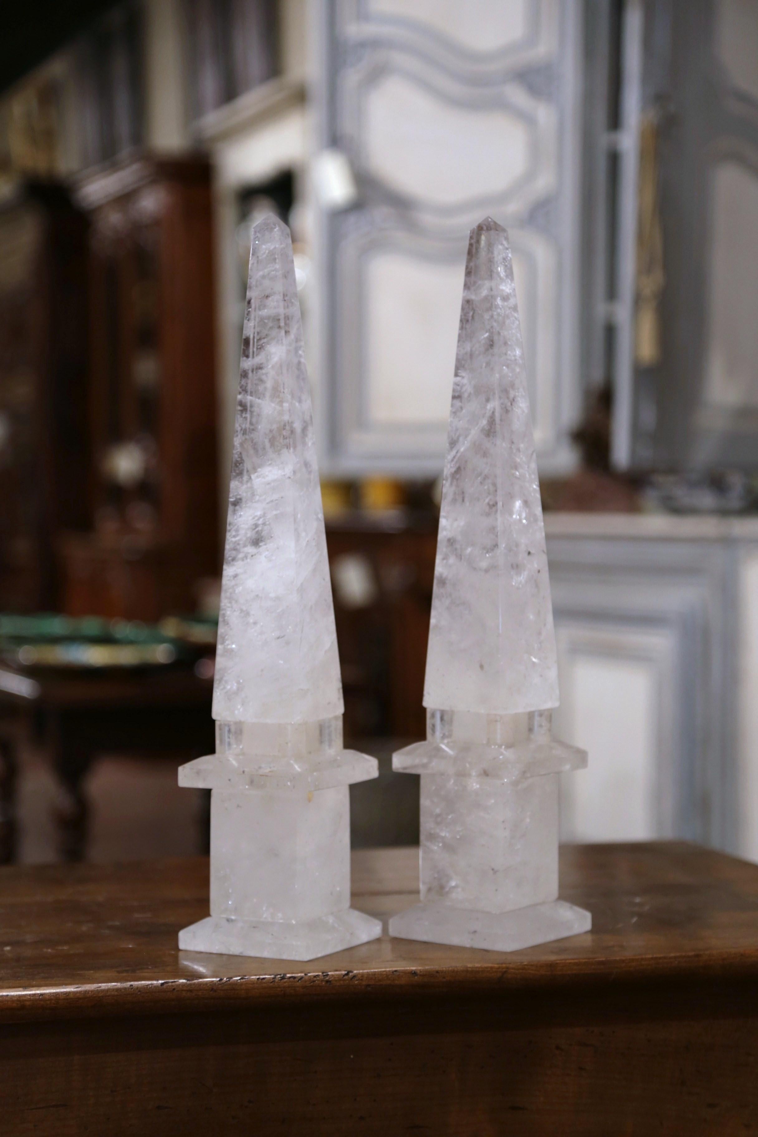 Pair of Brazilian Carved Empire Style Rock Crystal Obelisks Sculptures In Excellent Condition In Dallas, TX