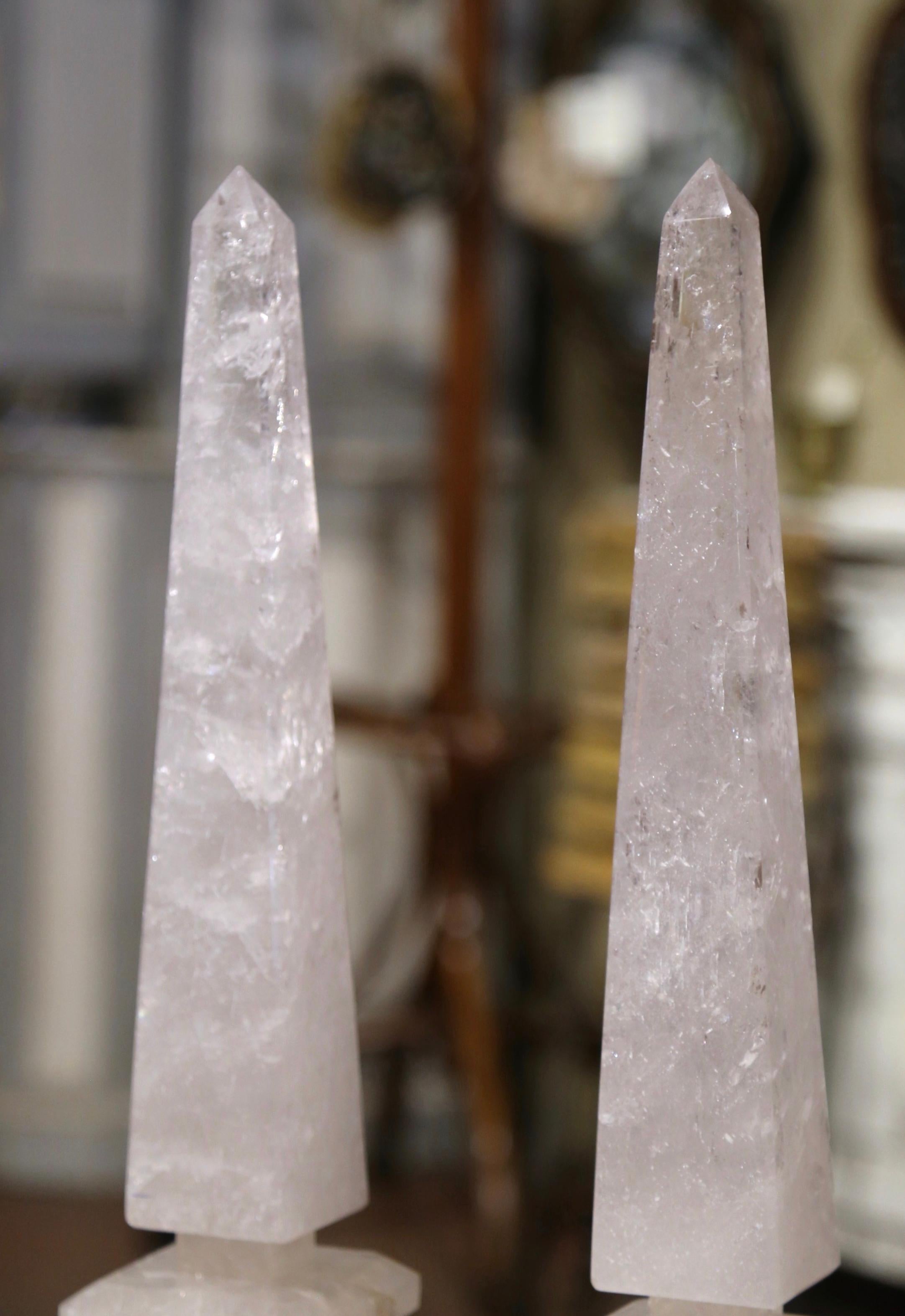 Hand-Carved Pair of Brazilian Carved Empire Style Rock Crystal Obelisks Sculptures For Sale