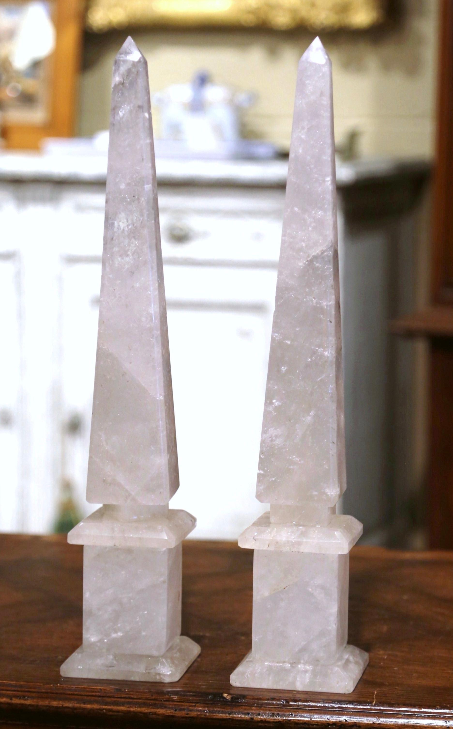 Pair of Brazilian Carved Empire Style Rock Crystal Obelisks Sculptures In Excellent Condition In Dallas, TX