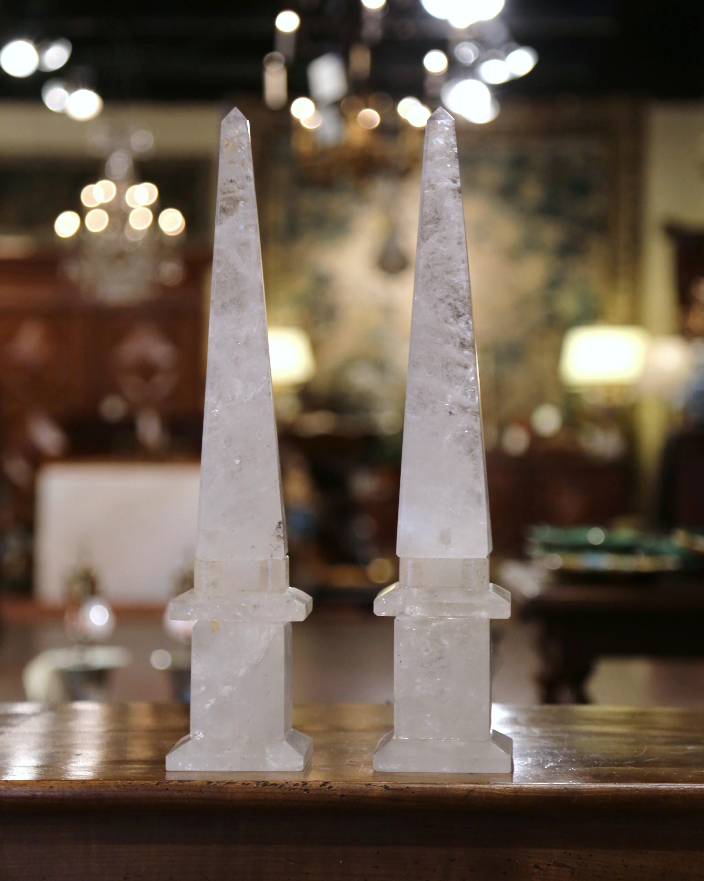 Contemporary Pair of Brazilian Carved Empire Style Rock Crystal Obelisks Sculptures